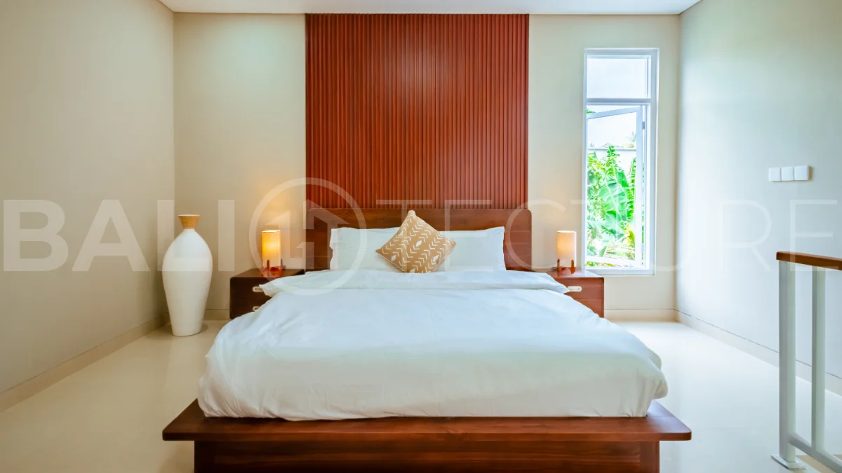 Brand new one bedroom villa for sale in Pecatu, Uluwatu, featuring modern two storey design, private swimming pool, fully furnished interiors, 90 sqm land, and a rare 50 year leasehold.