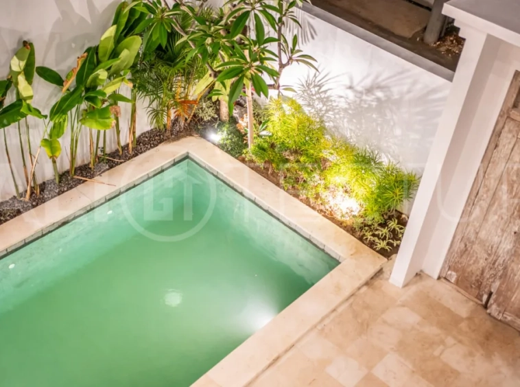 Brand-new 2-bedroom freehold villa near Pandawa Beach, featuring a modern tropical design, spacious interiors, high ceilings, large glass windows, private swimming pool, and elegant natural stone and wood finishes.
