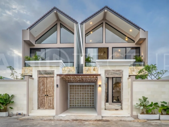 Brand-new 2-bedroom freehold villa near Pandawa Beach, featuring a modern tropical design, spacious interiors, high ceilings, large glass windows, private swimming pool, and elegant natural stone and wood finishes.