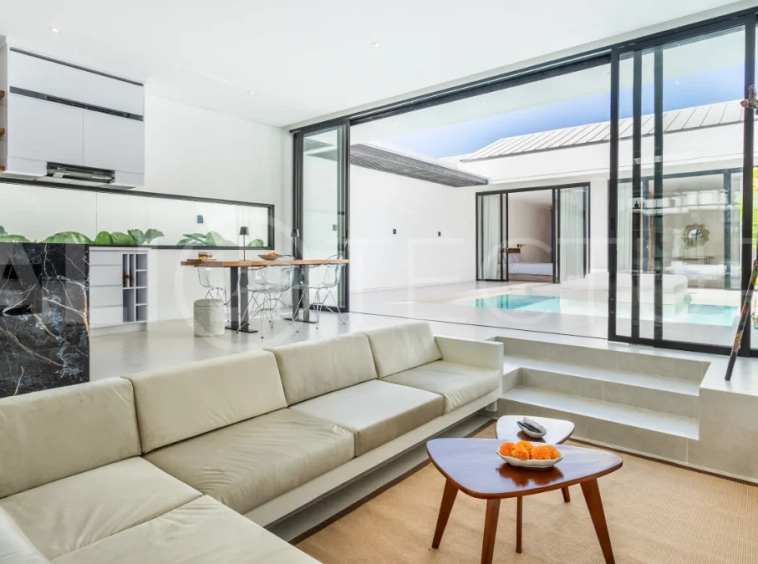 Brand new fully furnished 2-bedroom villa for sale near Mertasari Beach, Sanur, featuring a private pool, enclosed living area, 220 sqm land, 105 sqm building, and convenient access to beaches, cafés, restaurants, and sports centres.