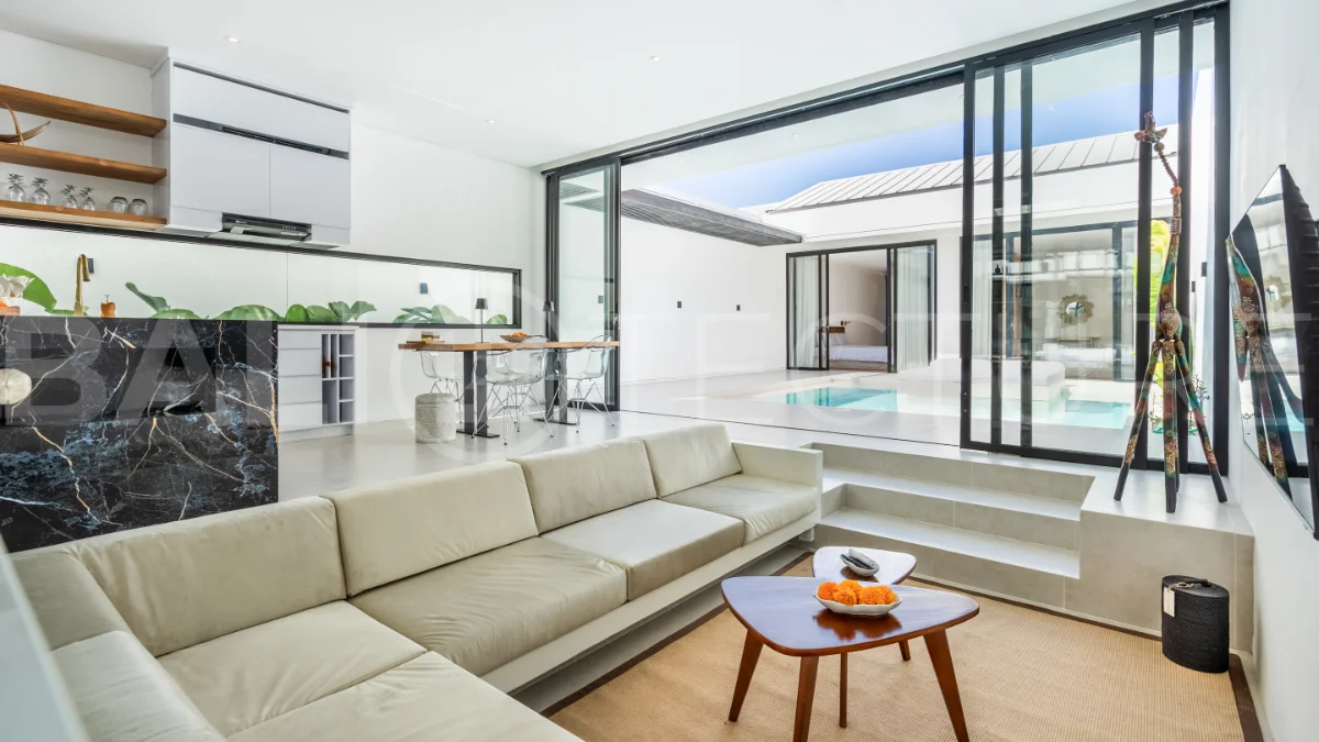 Brand new fully furnished 2-bedroom villa for sale near Mertasari Beach, Sanur, featuring a private pool, enclosed living area, 220 sqm land, 105 sqm building, and convenient access to beaches, cafés, restaurants, and sports centres.