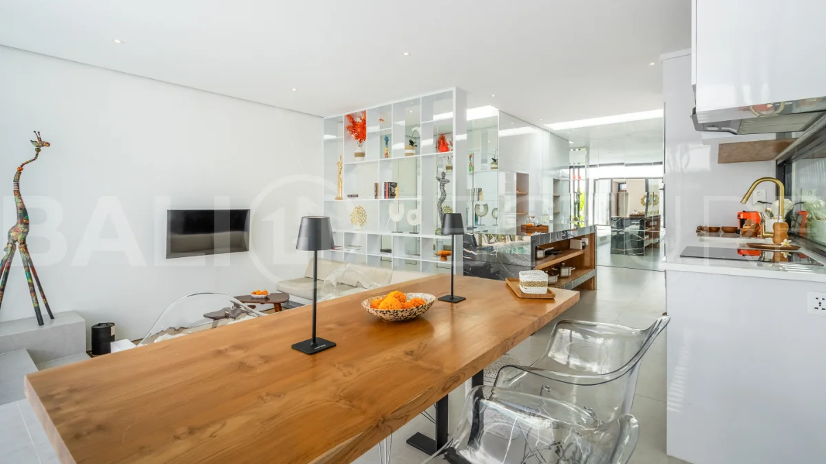 Brand new fully furnished 2-bedroom villa for sale near Mertasari Beach, Sanur, featuring a private pool, enclosed living area, 220 sqm land, 105 sqm building, and convenient access to beaches, cafés, restaurants, and sports centres.