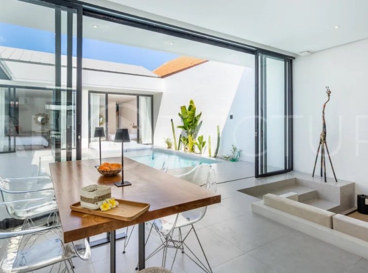 Brand new fully furnished 2-bedroom villa for sale near Mertasari Beach, Sanur, featuring a private pool, enclosed living area, 220 sqm land, 105 sqm building, and convenient access to beaches, cafés, restaurants, and sports centres.