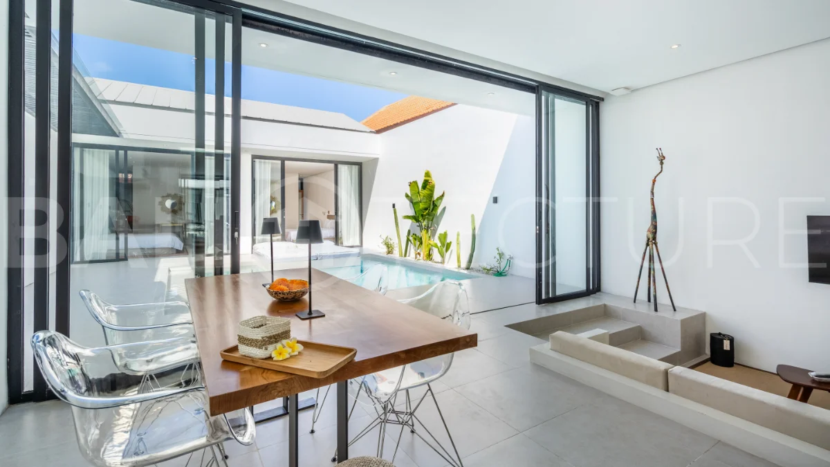Brand new fully furnished 2-bedroom villa for sale near Mertasari Beach, Sanur, featuring a private pool, enclosed living area, 220 sqm land, 105 sqm building, and convenient access to beaches, cafés, restaurants, and sports centres.