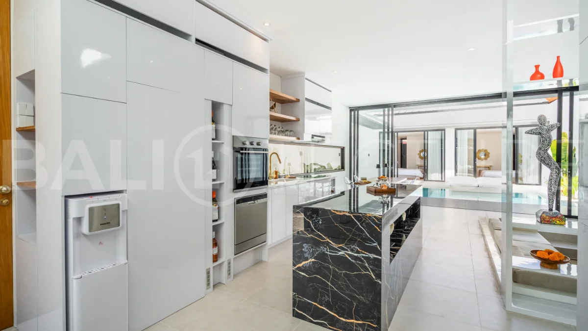 Brand new fully furnished 2-bedroom villa for sale near Mertasari Beach, Sanur, featuring a private pool, enclosed living area, 220 sqm land, 105 sqm building, and convenient access to beaches, cafés, restaurants, and sports centres.