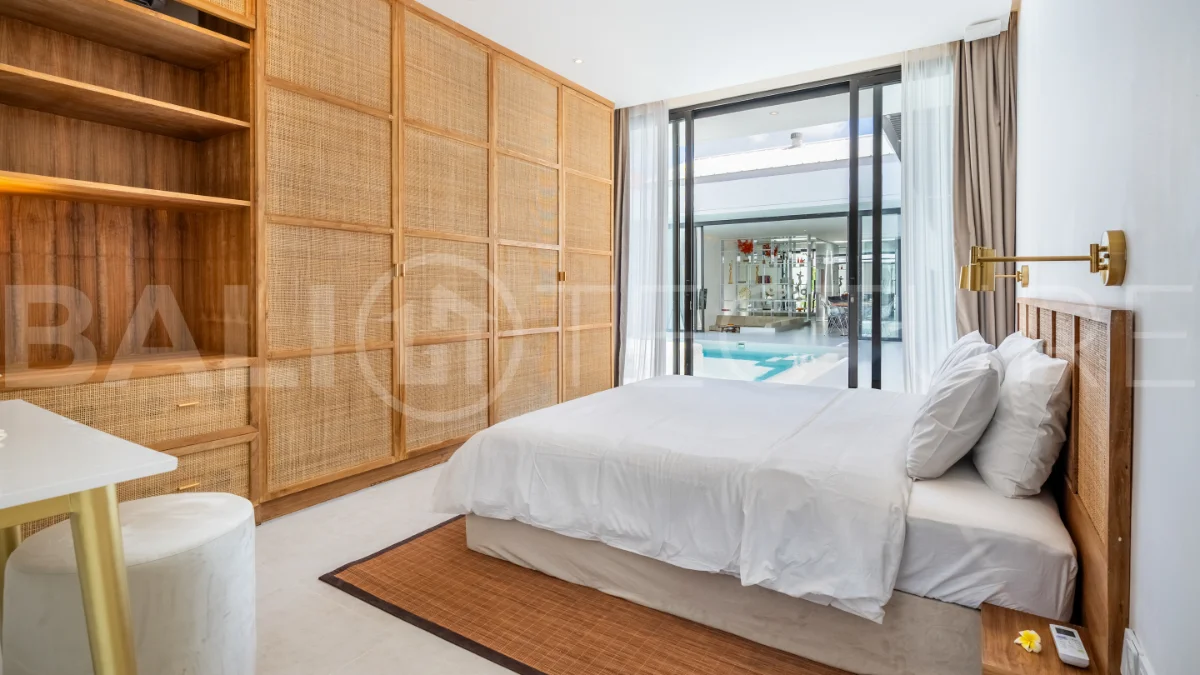 Brand new fully furnished 2-bedroom villa for sale near Mertasari Beach, Sanur, featuring a private pool, enclosed living area, 220 sqm land, 105 sqm building, and convenient access to beaches, cafés, restaurants, and sports centres.