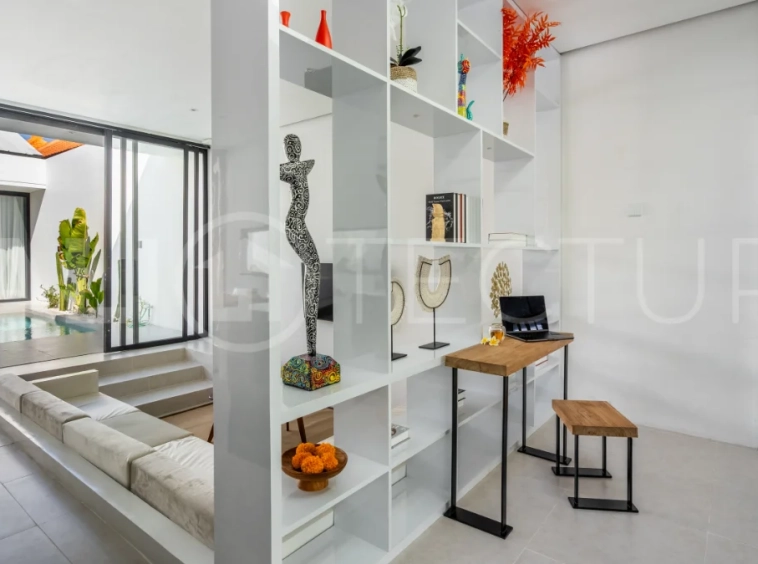 Brand new fully furnished 2-bedroom villa for sale near Mertasari Beach, Sanur, featuring a private pool, enclosed living area, 220 sqm land, 105 sqm building, and convenient access to beaches, cafés, restaurants, and sports centres.