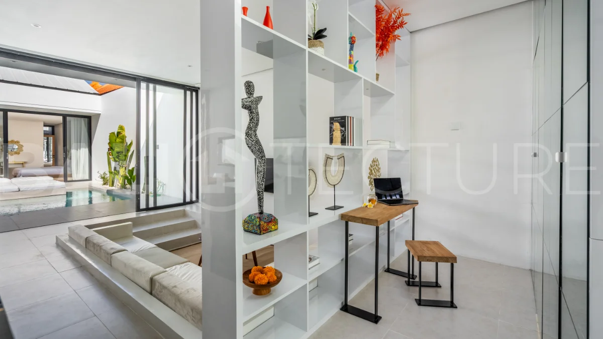 Brand new fully furnished 2-bedroom villa for sale near Mertasari Beach, Sanur, featuring a private pool, enclosed living area, 220 sqm land, 105 sqm building, and convenient access to beaches, cafés, restaurants, and sports centres.