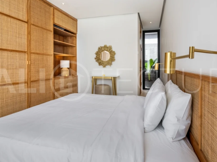 Brand new fully furnished 2-bedroom villa for sale near Mertasari Beach, Sanur, featuring a private pool, enclosed living area, 220 sqm land, 105 sqm building, and convenient access to beaches, cafés, restaurants, and sports centres.