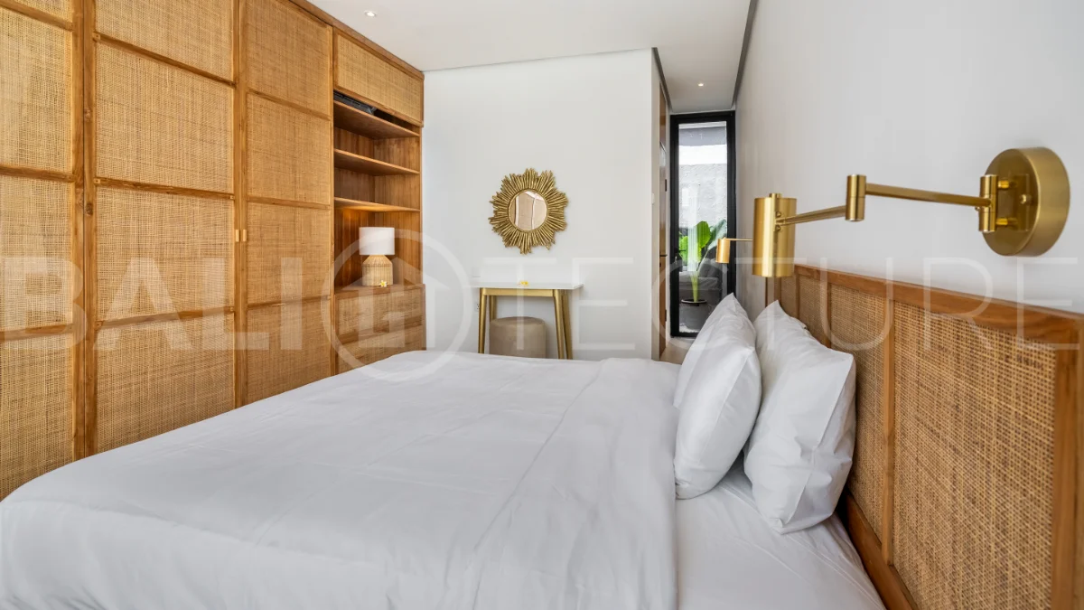 Brand new fully furnished 2-bedroom villa for sale near Mertasari Beach, Sanur, featuring a private pool, enclosed living area, 220 sqm land, 105 sqm building, and convenient access to beaches, cafés, restaurants, and sports centres.