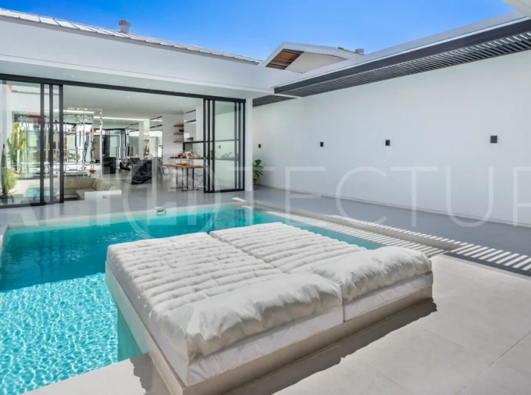 Brand new fully furnished 2-bedroom villa for sale near Mertasari Beach, Sanur, featuring a private pool, enclosed living area, 220 sqm land, 105 sqm building, and convenient access to beaches, cafés, restaurants, and sports centres.