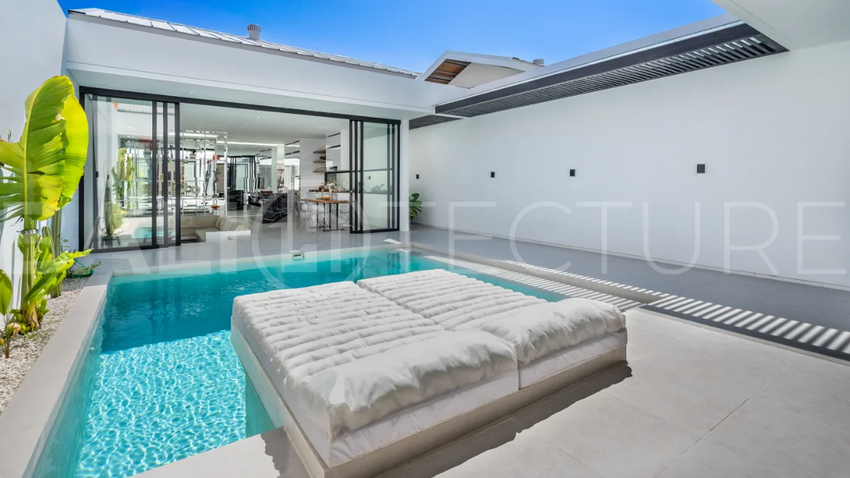 Brand new fully furnished 2-bedroom villa for sale near Mertasari Beach, Sanur, featuring a private pool, enclosed living area, 220 sqm land, 105 sqm building, and convenient access to beaches, cafés, restaurants, and sports centres.