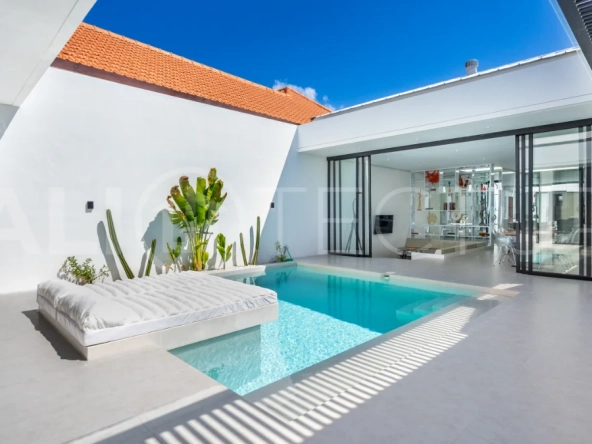 Brand new fully furnished 2-bedroom villa for sale near Mertasari Beach, Sanur, featuring a private pool, enclosed living area, 220 sqm land, 105 sqm building, and convenient access to beaches, cafés, restaurants, and sports centres.