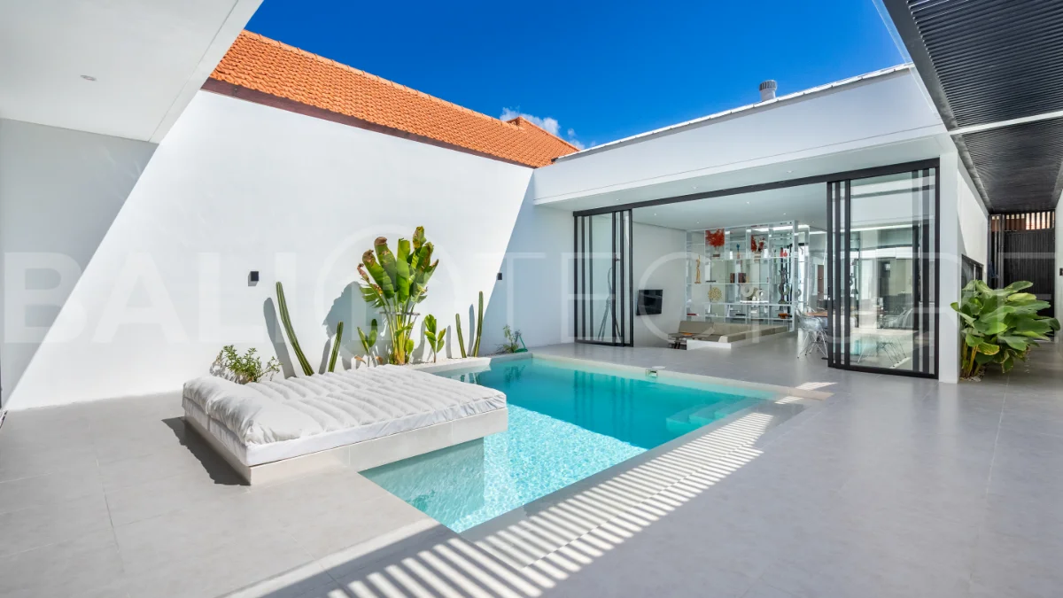 Brand new fully furnished 2-bedroom villa for sale near Mertasari Beach, Sanur, featuring a private pool, enclosed living area, 220 sqm land, 105 sqm building, and convenient access to beaches, cafés, restaurants, and sports centres.