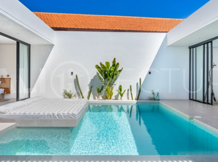 Brand new fully furnished 2-bedroom villa for sale near Mertasari Beach, Sanur, featuring a private pool, enclosed living area, 220 sqm land, 105 sqm building, and convenient access to beaches, cafés, restaurants, and sports centres.