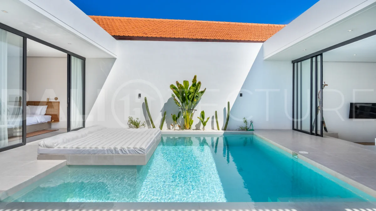Brand new fully furnished 2-bedroom villa for sale near Mertasari Beach, Sanur, featuring a private pool, enclosed living area, 220 sqm land, 105 sqm building, and convenient access to beaches, cafés, restaurants, and sports centres.