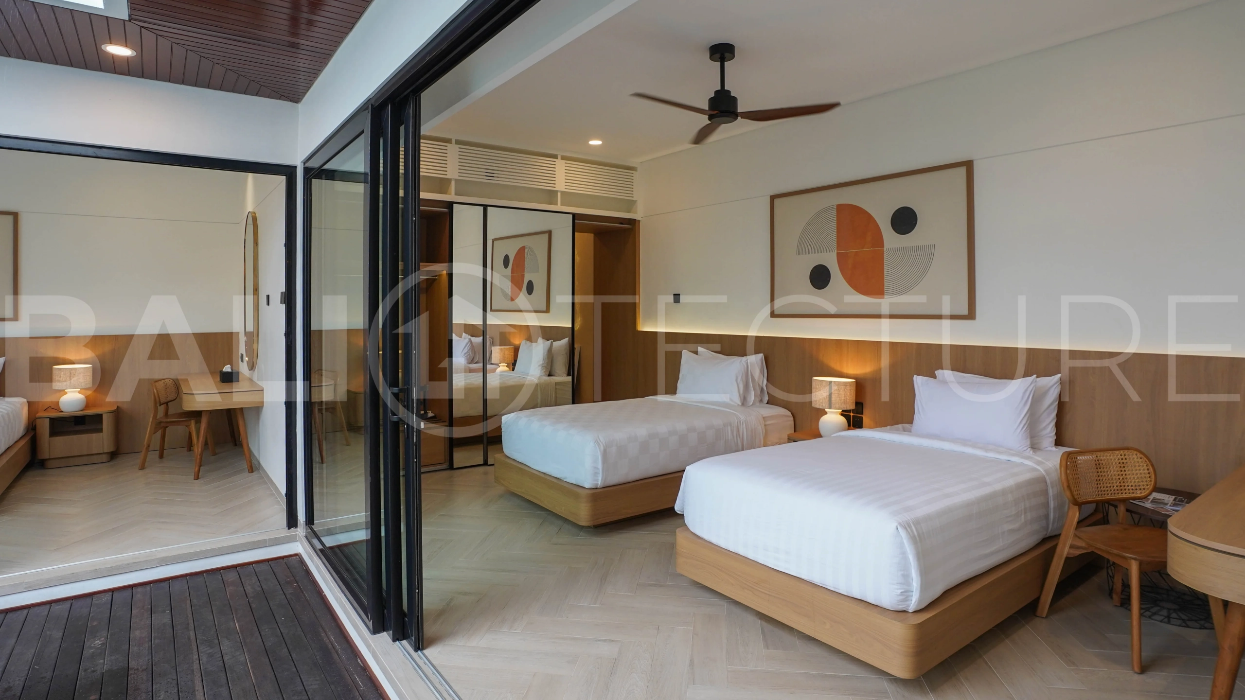 Modern 2-bedroom villa for sale in Jimbaran, Bali, featuring a contemporary open-plan design, 126 sqm of living space, two en-suite bedrooms, full furnishings, premium community facilities, and a 100-year leasehold option.