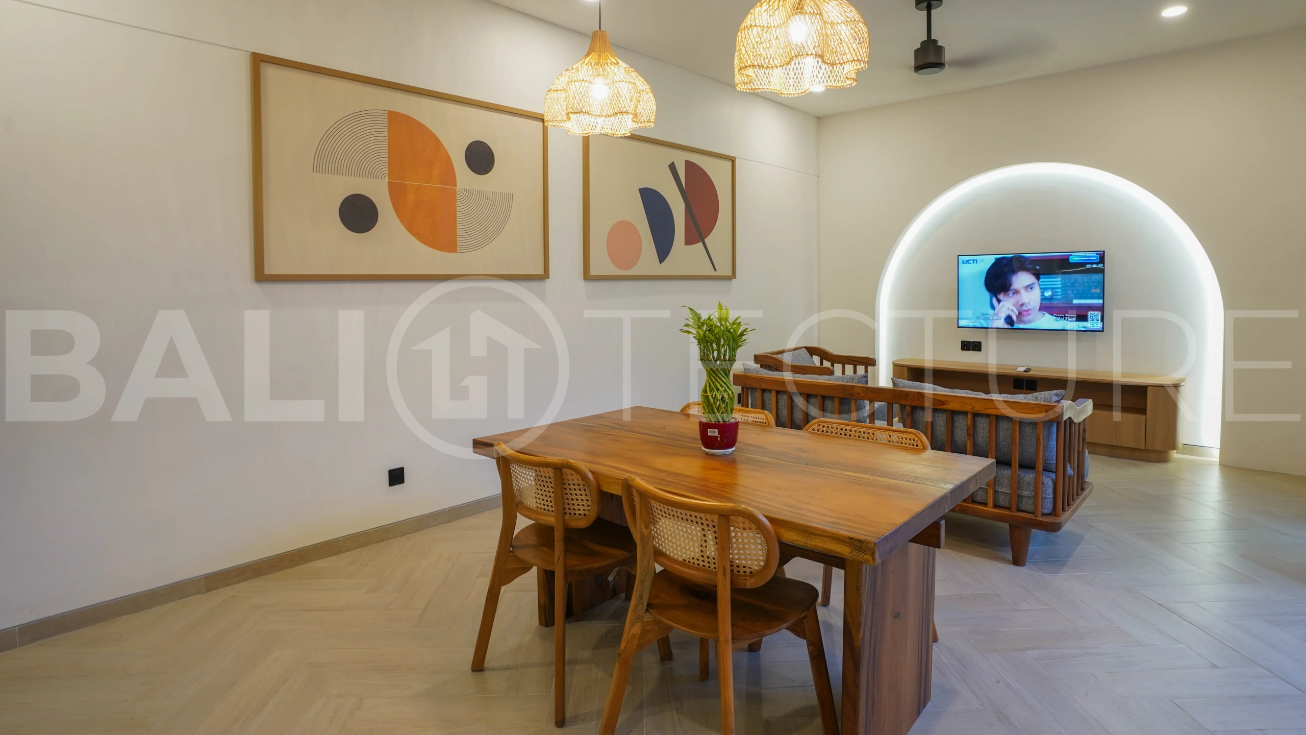 Modern 2-bedroom villa for sale in Jimbaran, Bali, featuring a contemporary open-plan design, 126 sqm of living space, two en-suite bedrooms, full furnishings, premium community facilities, and a 100-year leasehold option.