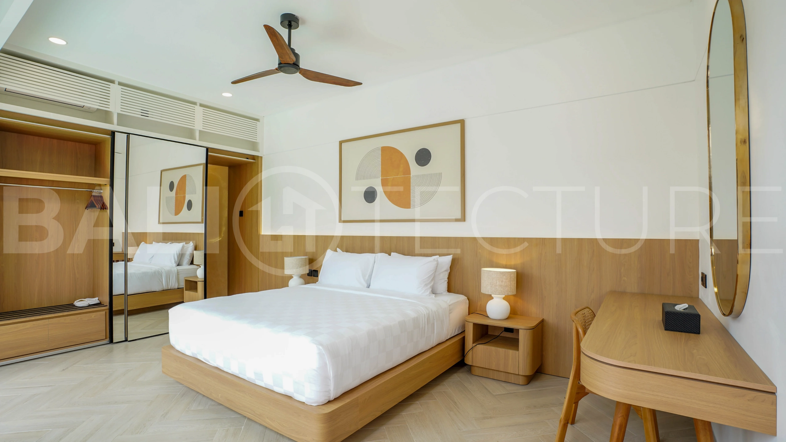 Modern 2-bedroom villa for sale in Jimbaran, Bali, featuring a contemporary open-plan design, 126 sqm of living space, two en-suite bedrooms, full furnishings, premium community facilities, and a 100-year leasehold option.