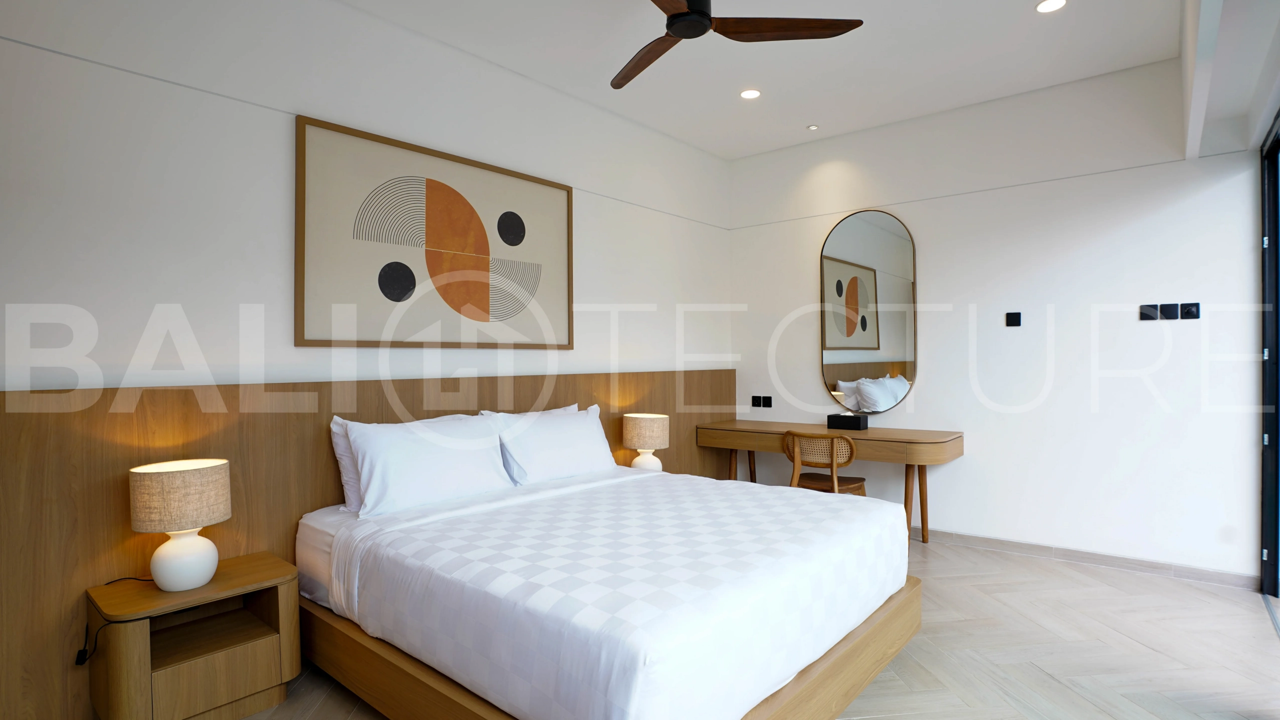 Modern 2-bedroom villa for sale in Jimbaran, Bali, featuring a contemporary open-plan design, 126 sqm of living space, two en-suite bedrooms, full furnishings, premium community facilities, and a 100-year leasehold option.