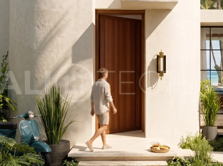 Off-plan 1-bedroom villa for sale near Pandawa Beach, Bali, featuring a private 18 m² pool, landscaped garden, sunken lounge, modern tropical architecture, and fully furnished turnkey interiors on a 24-year leasehold.
