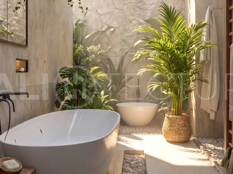 Off-plan 1-bedroom villa for sale near Pandawa Beach, Bali, featuring a private 18 m² pool, landscaped garden, sunken lounge, modern tropical architecture, and fully furnished turnkey interiors on a 24-year leasehold.