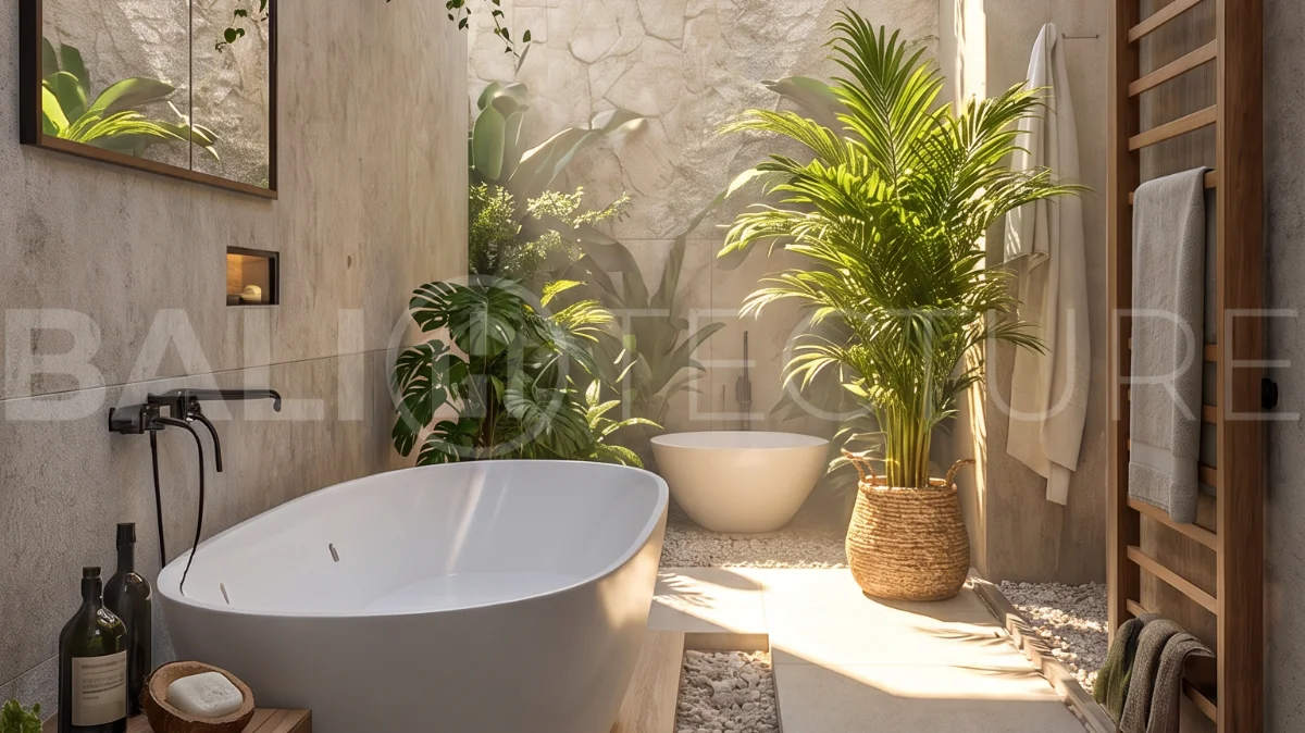 Off-plan 1-bedroom villa for sale near Pandawa Beach, Bali, featuring a private 18 m² pool, landscaped garden, sunken lounge, modern tropical architecture, and fully furnished turnkey interiors on a 24-year leasehold.