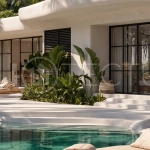Off-plan 1-bedroom villa for sale near Pandawa Beach, Bali, featuring a private 18 m² pool, landscaped garden, sunken lounge, modern tropical architecture, and fully furnished turnkey interiors on a 24-year leasehold.