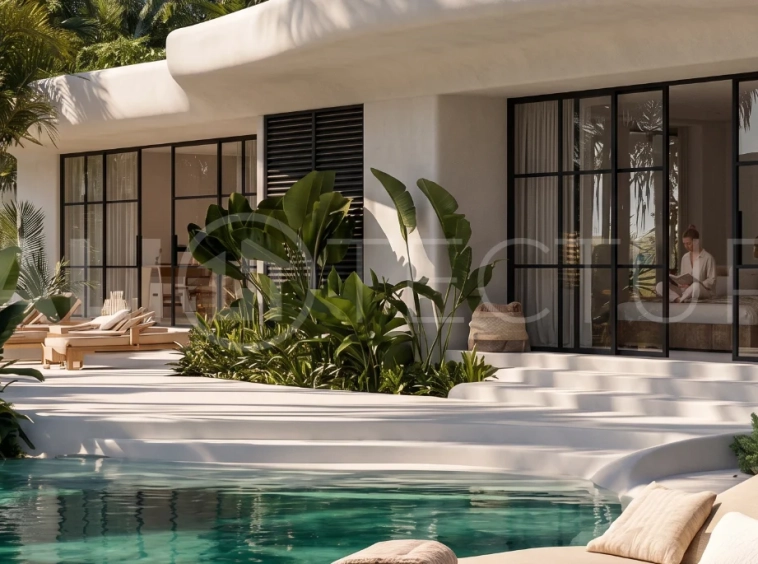Off-plan 1-bedroom villa for sale near Pandawa Beach, Bali, featuring a private 18 m² pool, landscaped garden, sunken lounge, modern tropical architecture, and fully furnished turnkey interiors on a 24-year leasehold.