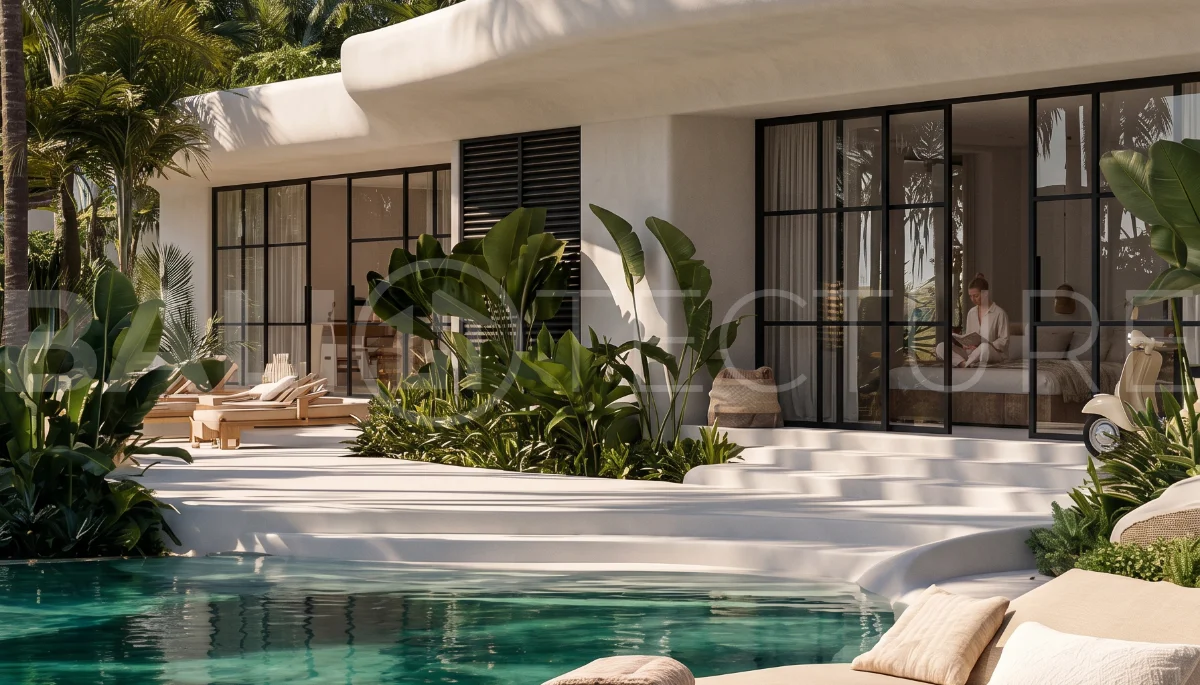 Off-plan 1-bedroom villa for sale near Pandawa Beach, Bali, featuring a private 18 m² pool, landscaped garden, sunken lounge, modern tropical architecture, and fully furnished turnkey interiors on a 24-year leasehold.