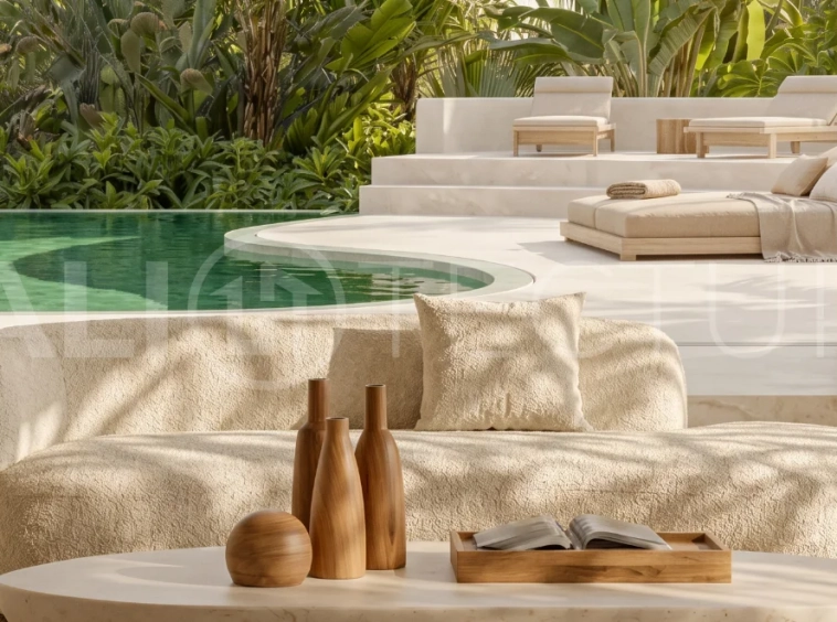 Off-plan 1-bedroom villa for sale near Pandawa Beach, Bali, featuring a private 18 m² pool, landscaped garden, sunken lounge, modern tropical architecture, and fully furnished turnkey interiors on a 24-year leasehold.