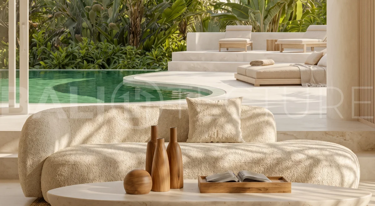 Off-plan 1-bedroom villa for sale near Pandawa Beach, Bali, featuring a private 18 m² pool, landscaped garden, sunken lounge, modern tropical architecture, and fully furnished turnkey interiors on a 24-year leasehold.