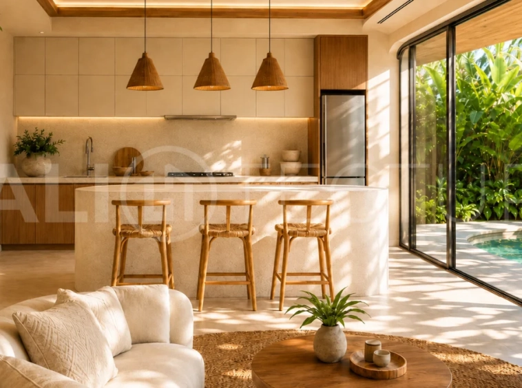 Off-plan 1-bedroom villa for sale near Pandawa Beach, Bali, featuring a private 18 m² pool, landscaped garden, sunken lounge, modern tropical architecture, and fully furnished turnkey interiors on a 24-year leasehold.