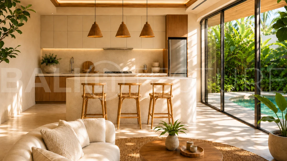 Off-plan 1-bedroom villa for sale near Pandawa Beach, Bali, featuring a private 18 m² pool, landscaped garden, sunken lounge, modern tropical architecture, and fully furnished turnkey interiors on a 24-year leasehold.
