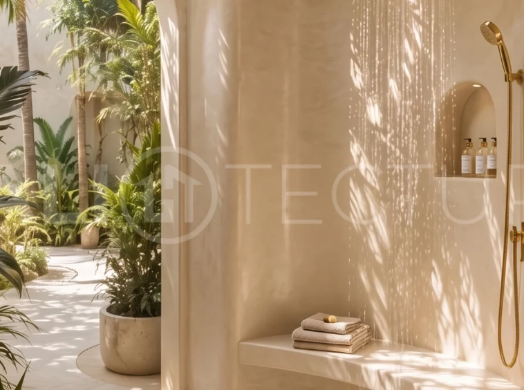 Off-plan 1-bedroom villa for sale near Pandawa Beach, Bali, featuring a private 18 m² pool, landscaped garden, sunken lounge, modern tropical architecture, and fully furnished turnkey interiors on a 24-year leasehold.
