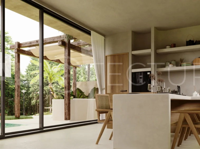 Fully furnished two bedroom villa in Cepaka, Tabanan, featuring three bathrooms, contemporary tropical design, private pool garden, pergola lounge, parking, and tranquil rice paddies surroundings.