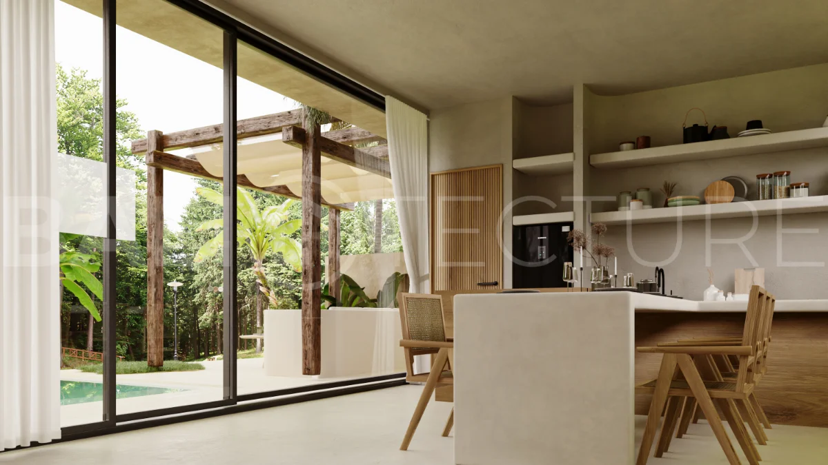 Fully furnished two bedroom villa in Cepaka, Tabanan, featuring three bathrooms, contemporary tropical design, private pool garden, pergola lounge, parking, and tranquil rice paddies surroundings.