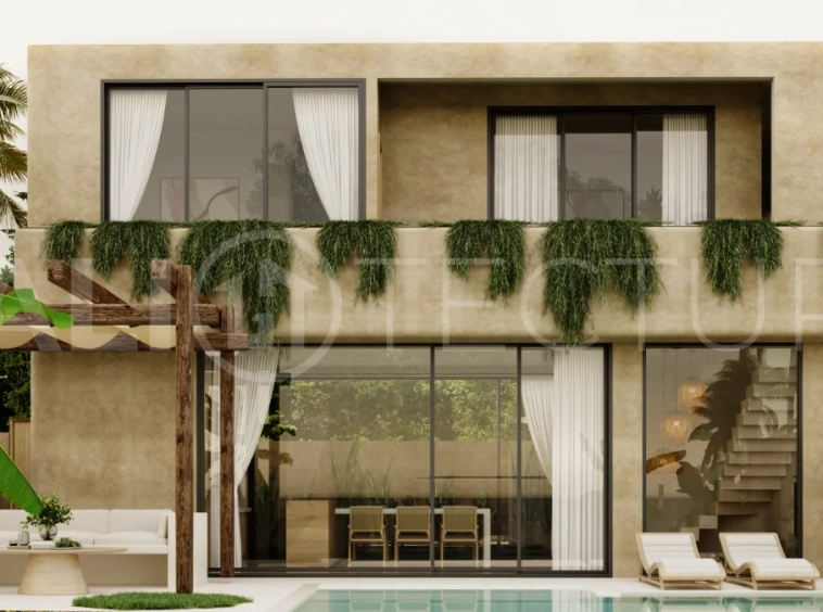 Fully furnished two bedroom villa in Cepaka, Tabanan, featuring three bathrooms, contemporary tropical design, private pool garden, pergola lounge, parking, and tranquil rice paddies surroundings.