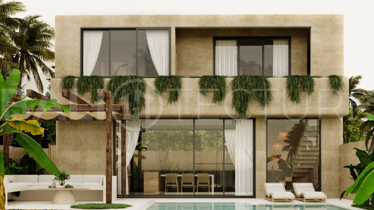 Fully furnished two bedroom villa in Cepaka, Tabanan, featuring three bathrooms, contemporary tropical design, private pool garden, pergola lounge, parking, and tranquil rice paddies surroundings.