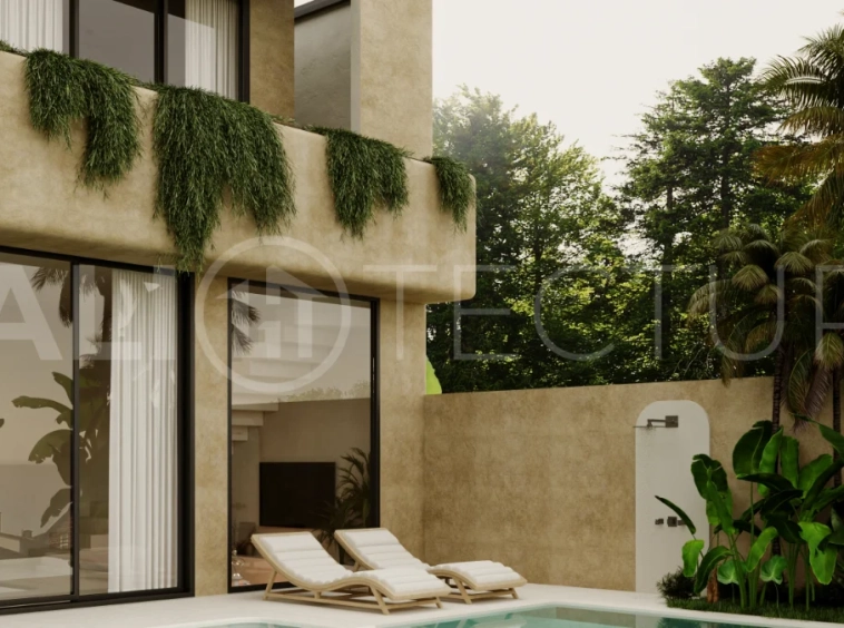 Fully furnished two bedroom villa in Cepaka, Tabanan, featuring three bathrooms, contemporary tropical design, private pool garden, pergola lounge, parking, and tranquil rice paddies surroundings.