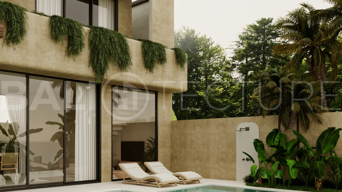 Fully furnished two bedroom villa in Cepaka, Tabanan, featuring three bathrooms, contemporary tropical design, private pool garden, pergola lounge, parking, and tranquil rice paddies surroundings.