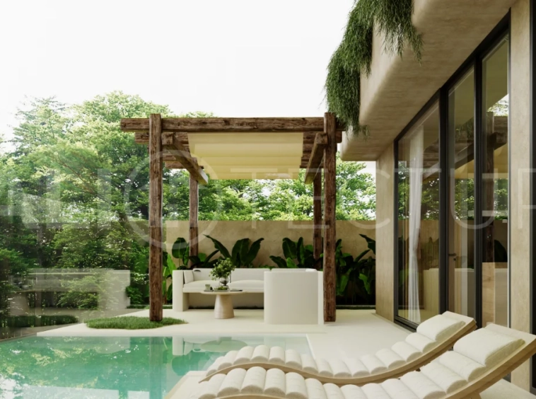 Fully furnished two bedroom villa in Cepaka, Tabanan, featuring three bathrooms, contemporary tropical design, private pool garden, pergola lounge, parking, and tranquil rice paddies surroundings.