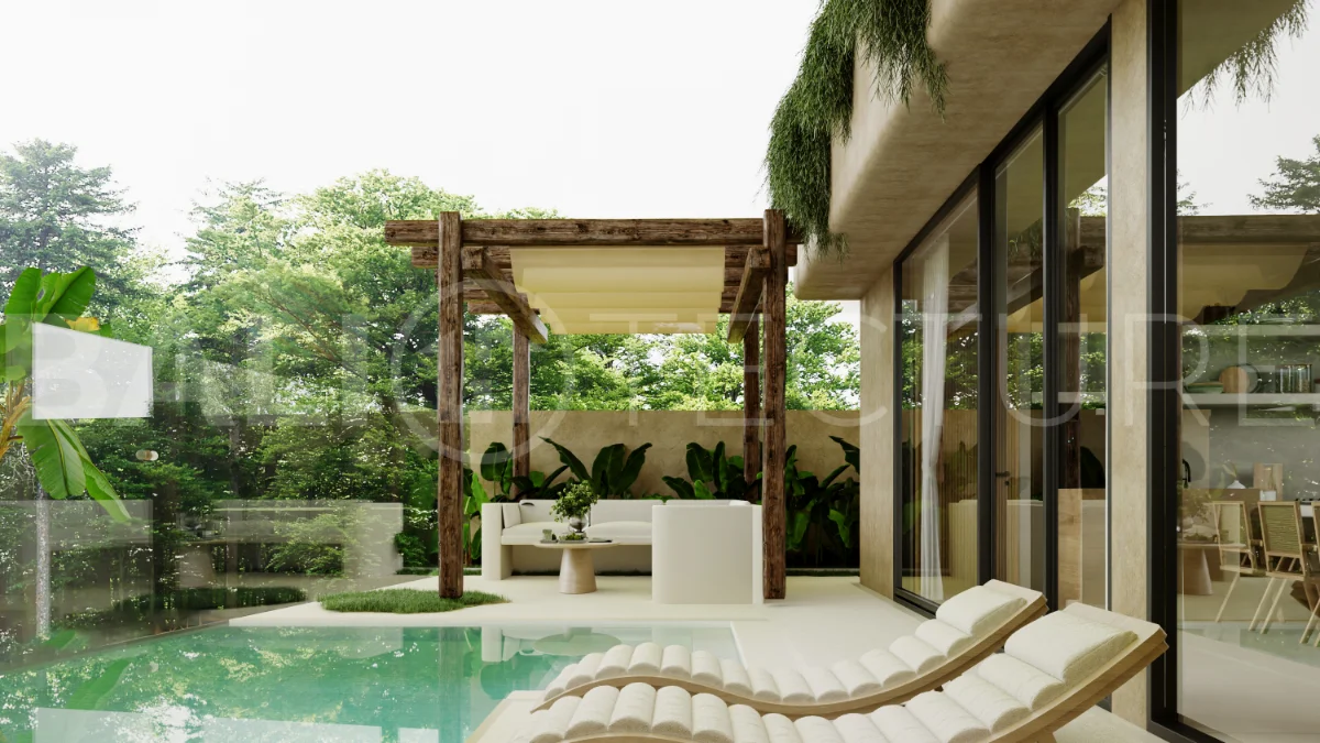 Fully furnished two bedroom villa in Cepaka, Tabanan, featuring three bathrooms, contemporary tropical design, private pool garden, pergola lounge, parking, and tranquil rice paddies surroundings.
