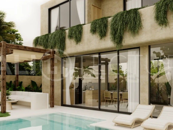 Fully furnished two bedroom villa in Cepaka, Tabanan, featuring three bathrooms, contemporary tropical design, private pool garden, pergola lounge, parking, and tranquil rice paddies surroundings.