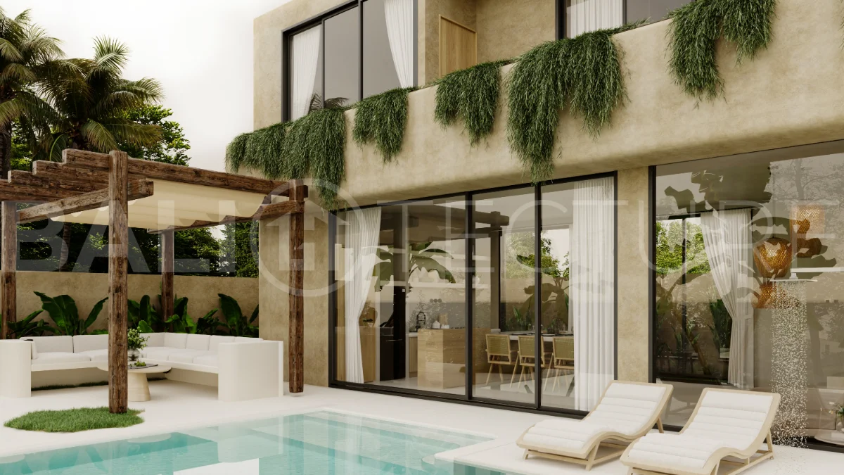 Fully furnished two bedroom villa in Cepaka, Tabanan, featuring three bathrooms, contemporary tropical design, private pool garden, pergola lounge, parking, and tranquil rice paddies surroundings.