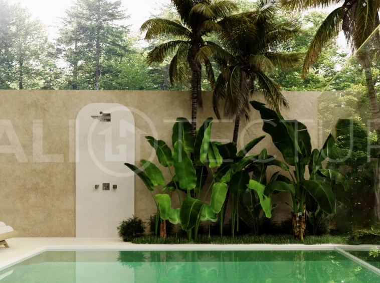 Fully furnished two bedroom villa in Cepaka, Tabanan, featuring three bathrooms, contemporary tropical design, private pool garden, pergola lounge, parking, and tranquil rice paddies surroundings.