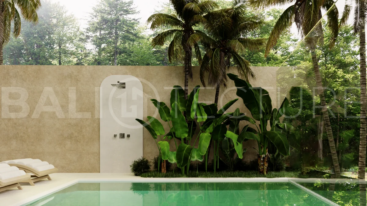 Fully furnished two bedroom villa in Cepaka, Tabanan, featuring three bathrooms, contemporary tropical design, private pool garden, pergola lounge, parking, and tranquil rice paddies surroundings.