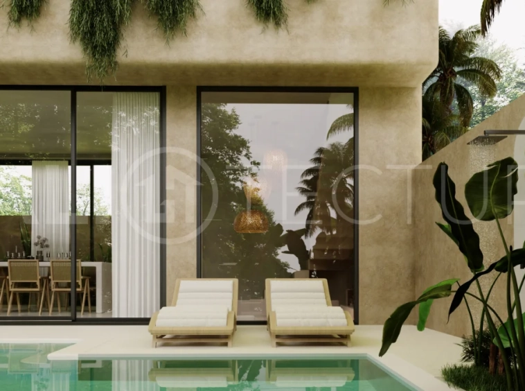 Fully furnished two bedroom villa in Cepaka, Tabanan, featuring three bathrooms, contemporary tropical design, private pool garden, pergola lounge, parking, and tranquil rice paddies surroundings.