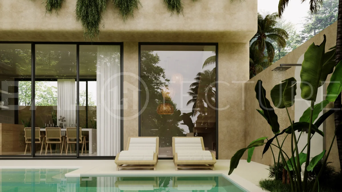 Fully furnished two bedroom villa in Cepaka, Tabanan, featuring three bathrooms, contemporary tropical design, private pool garden, pergola lounge, parking, and tranquil rice paddies surroundings.