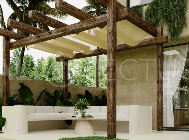 Fully furnished two bedroom villa in Cepaka, Tabanan, featuring three bathrooms, contemporary tropical design, private pool garden, pergola lounge, parking, and tranquil rice paddies surroundings.